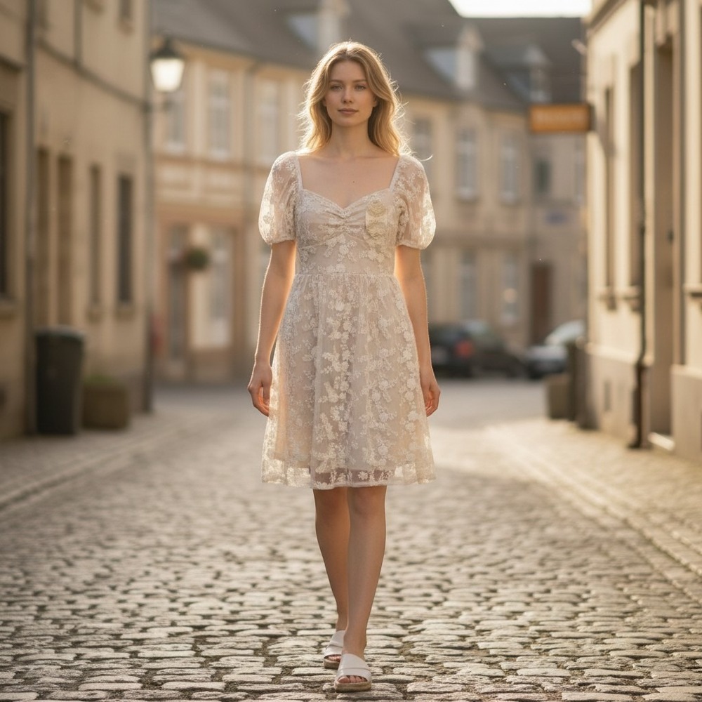 Altar'd State Off White Floral Lace Mini Dress Puff Sleeve HF22F085 Womens M NWT